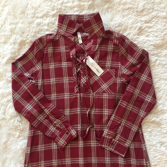 Plaid Lace Up Shirt Dress - Picture 2 of 6
